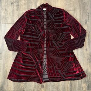 Susan Graver Women's S Velvet Burnout Open Front Cardigan Kimono Red Striped